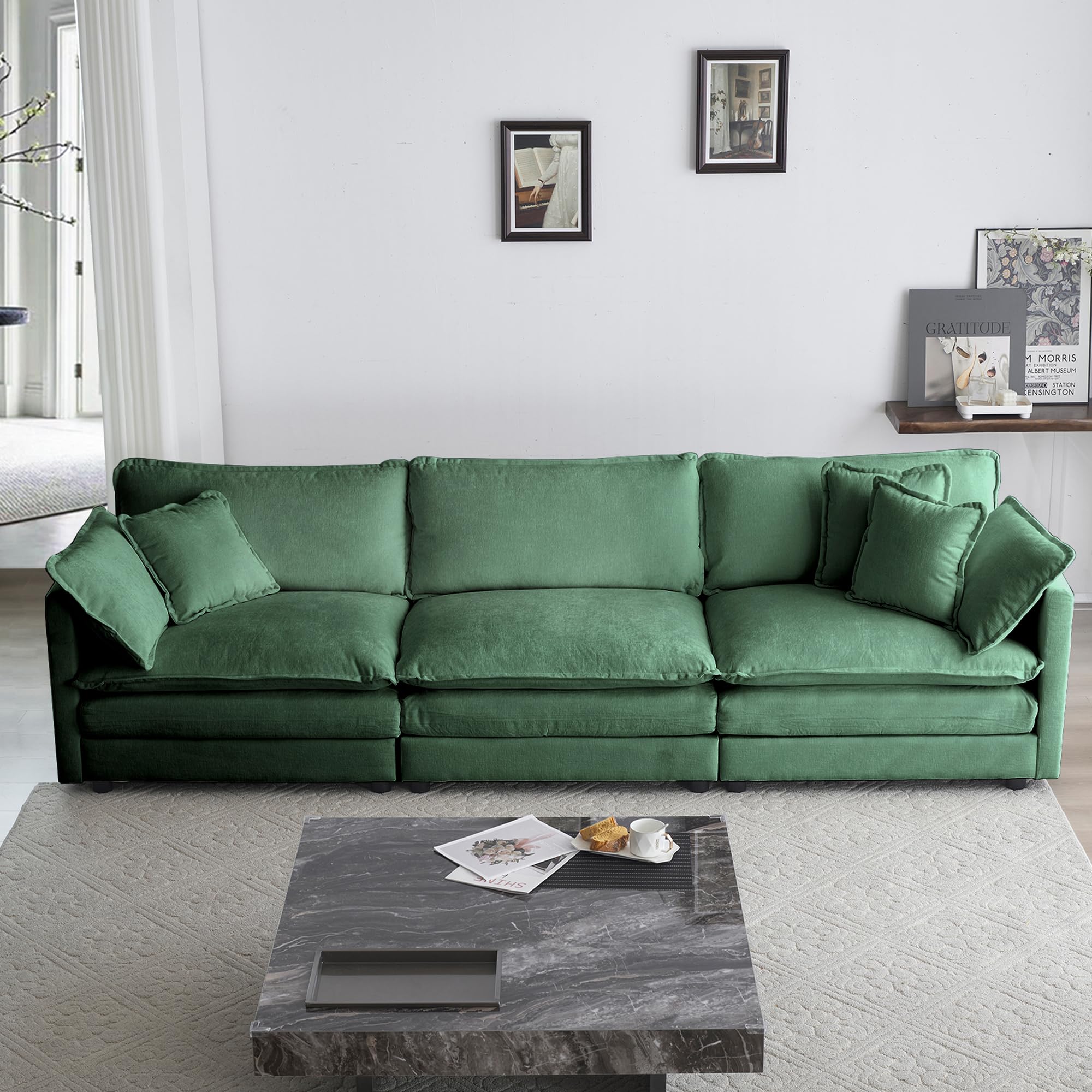 GNIXUU 111.5" Green Cloud Sofa Couch, Modern Comfy Chenille 3 Seat Sofa Couch with Pillows & Armrest for Living Room, Bedroom, Deep Seat Sofa