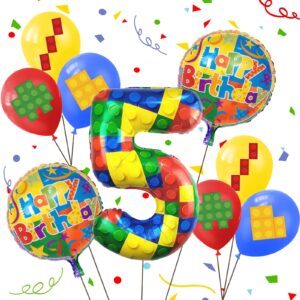 futureferry 32 inch building block number balloons block latex balloons for colorful blocks theme birthday party baby shower decorations (number 5)