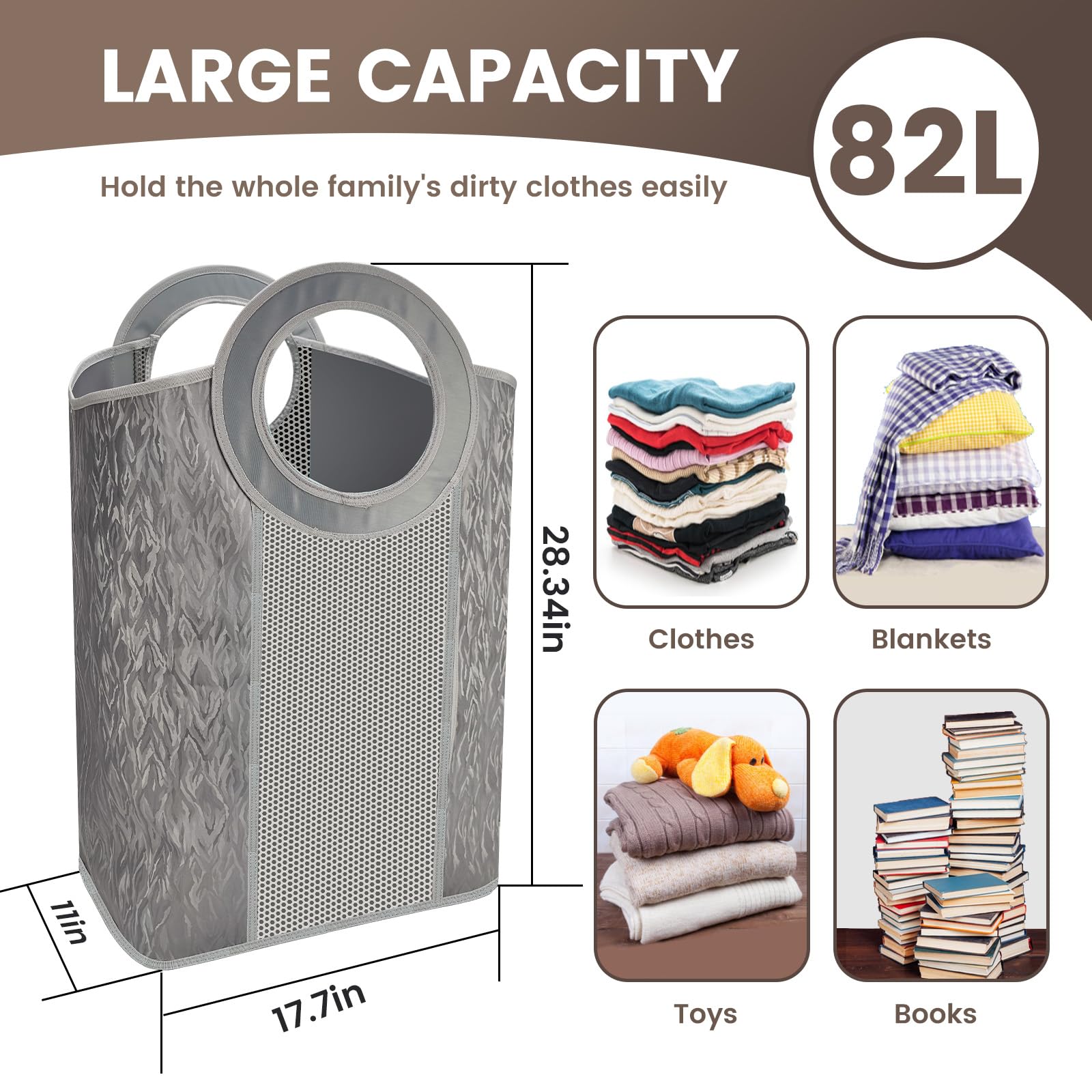 82L Large Laundry Basket with Handles,Grey Heavy Duty EVA Laundry Hamper Collapsible & Portable Mesh Clothes Storage Bag Freestanding Organizer for Bedroom Laundry Room Dirty Clothing Hamper