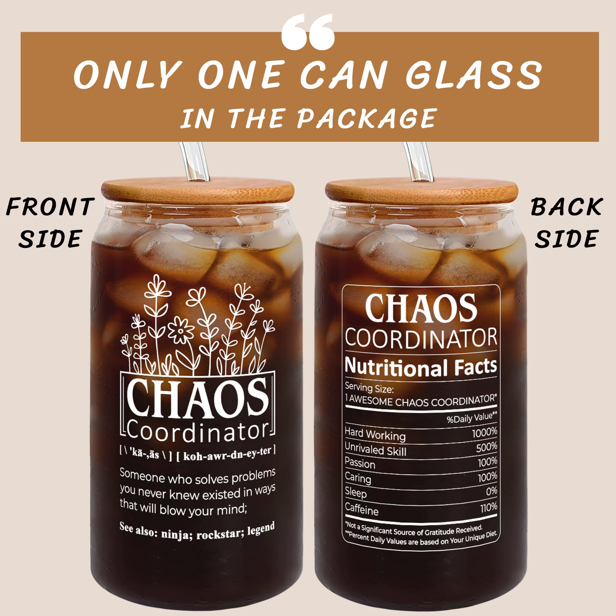 Thank You Gifts for Women, Boss, Manager, Office, Nurse, Mom, Teacher, Coworker - Chaos Coordinator Gifts - Coworker Birthday Gifts, Christmas Gifts for Boss - Boss Lady Gifts - 20 Oz Can Glass