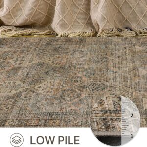 Bavni Area Rug 8x10 Machine Washable Vintage Distressed Print Ultra-Thin Chenille Bedroom Living Room Accent Rug, Low Pile Lightweight Non Slip with Gripper, Sage/Charcoal