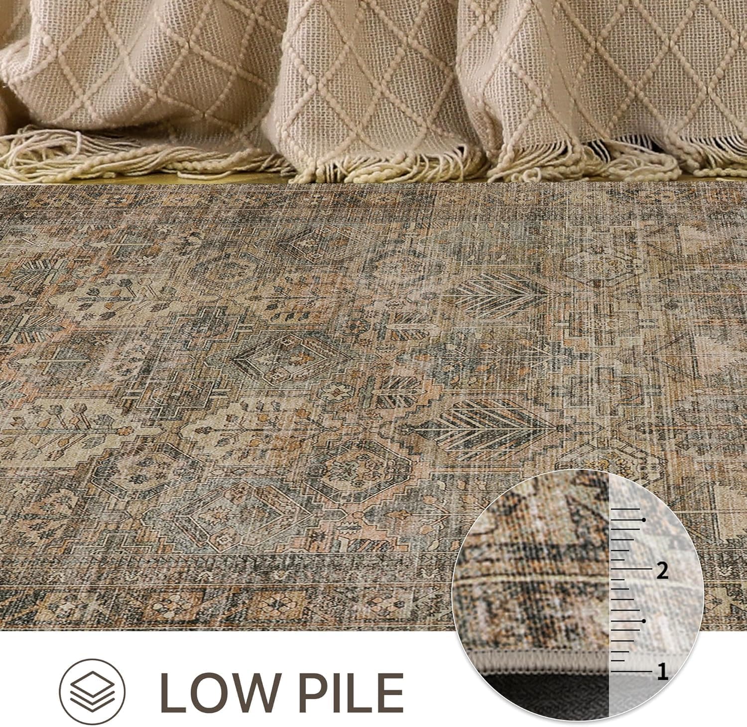 Bavni Area Rug 8x10 Machine Washable Vintage Distressed Print Ultra-Thin Chenille Bedroom Living Room Accent Rug, Low Pile Lightweight Non Slip with Gripper, Sage/Charcoal