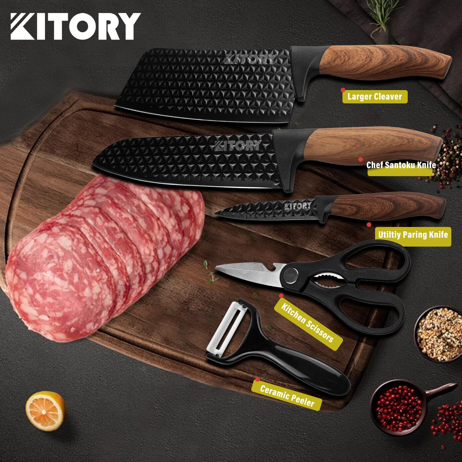 Kitory Cleaver Knife Set, 5 pcs Non-Stick Japanese Kitchen Boxed Knife Set, includes Cleaver, Santoku Chef knife, Paring Utility Knife, Ceramic Peeler and Kitchen Scissors, 2024 Kitchen Gifts