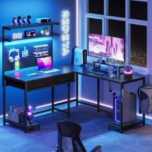 SEDETA L Shaped Gaming Desk with LED Lights, Pegboard and Drawers, Gaming Desk with Hutch, Computer Desk with Monitor Stand, Storage Shelves, Home Office Desk Corner Desk, Gaming Table, Black