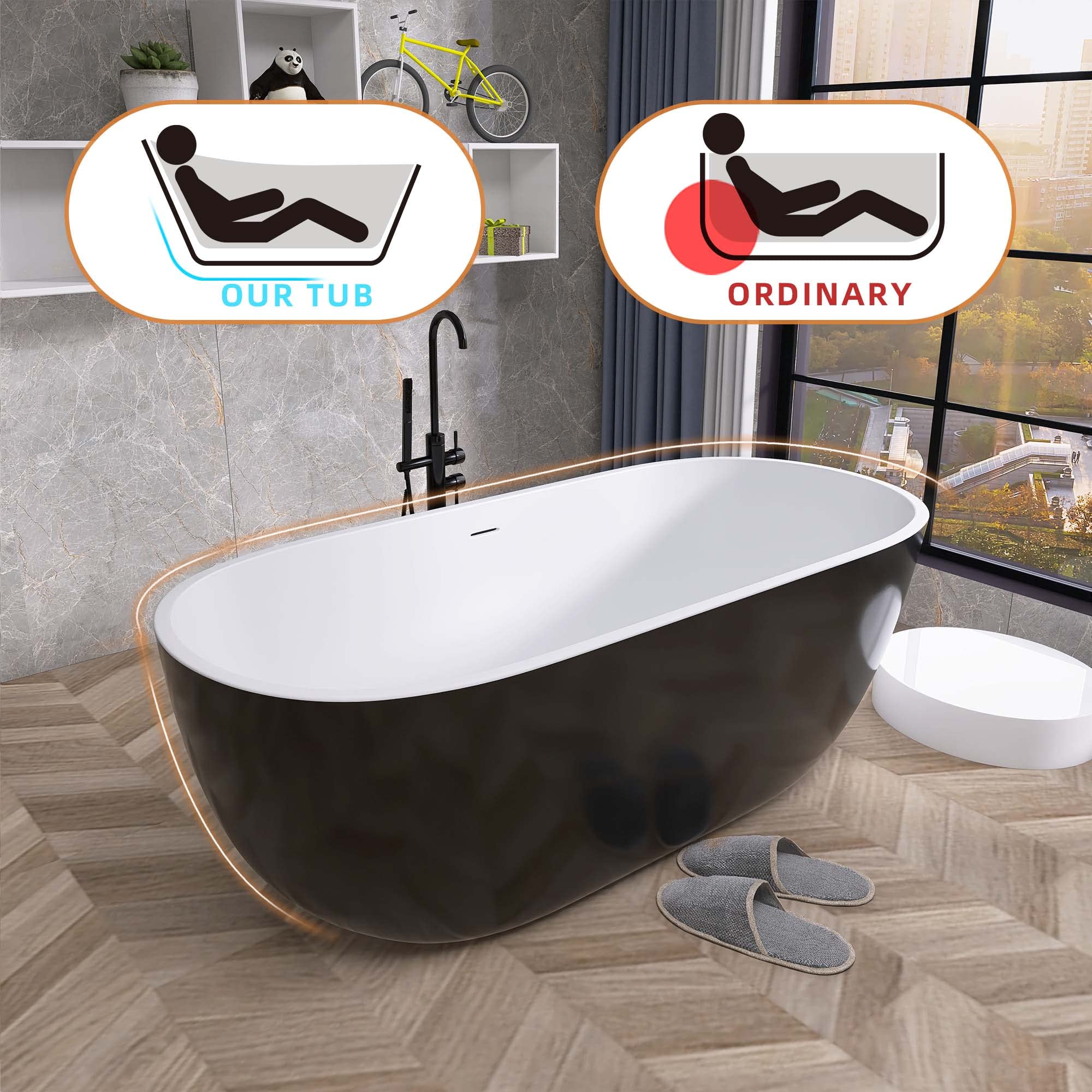 KUIKUI Classic Oval Shape Soaking Bathtub, 55" Acrylic Free Standing Bathtub withe Freestanding, Integrated Slotted Overflow,Pop-up Drain, Anti-clogging Black