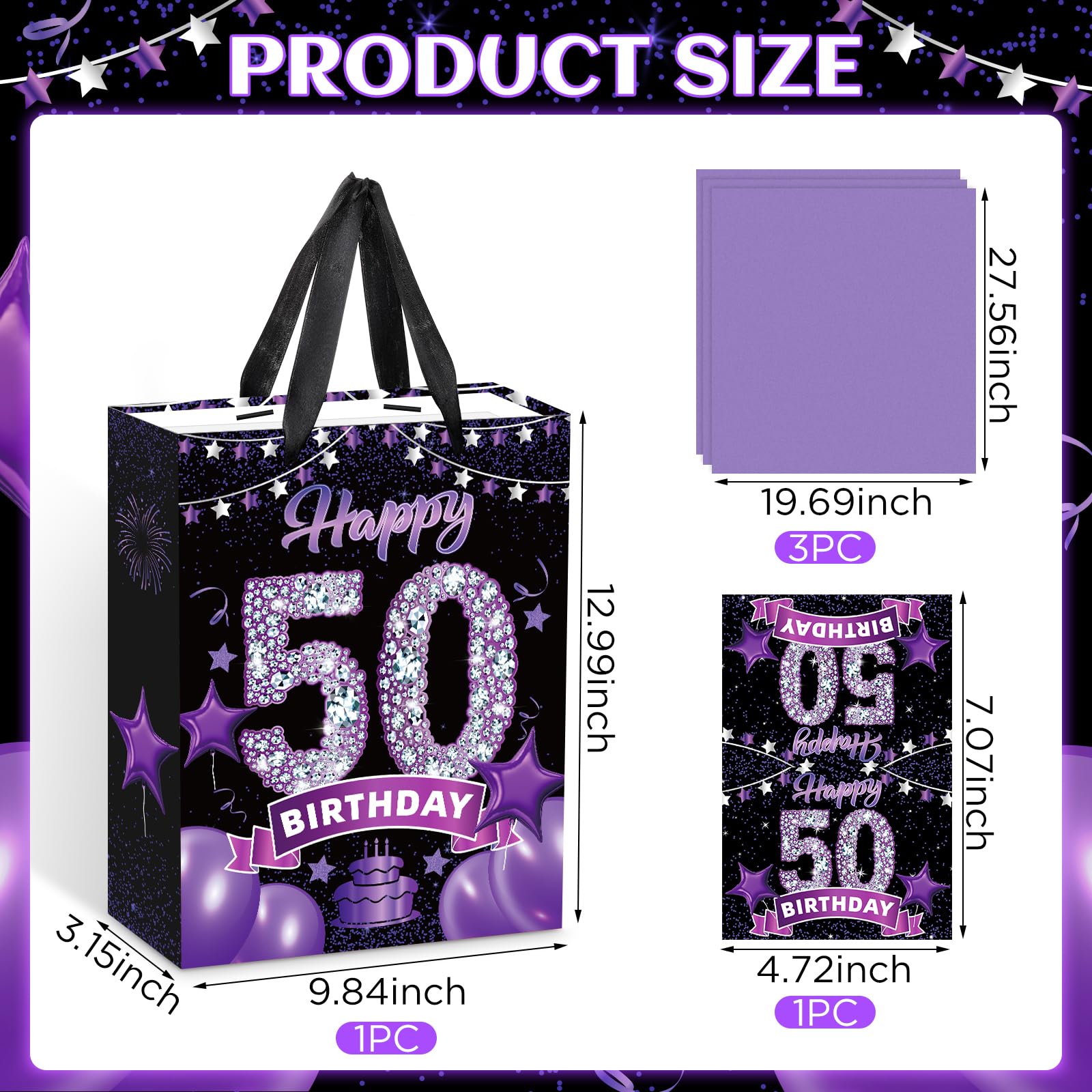 Black Purple 50th Birthday Gift Bag with Happy 50th Birthday Greeting Card and Tissue Paper for Women Black Purple 50th Birthday Gift Wrap Bag with Handles for 50th Birthday Party Decorations Supplies