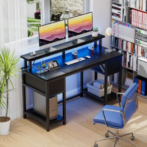 GreenForest Computer Desk 50 Inch with Monitor Stand and LED Lights, Gaming Desk with 2 Fabric Drawers and Power Outlets, Office Desk with Shelves, Black