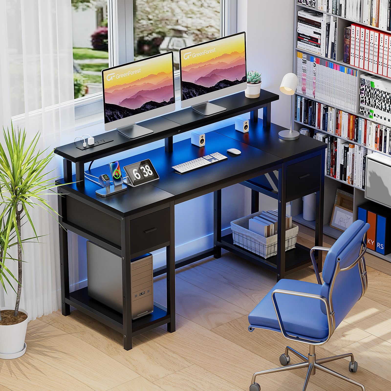 GreenForest Computer Desk 50 Inch with Monitor Stand and LED Lights, Gaming Desk with 2 Fabric Drawers and Power Outlets, Office Desk with Shelves, Black