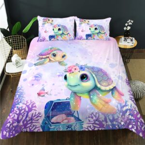 ailonen kawaii sea turtle duvet cover set full size, ocean turtle bedding set for girls kids,watercolor tie die turtle comforter cover,moon and sails duvet cover,3 pcs,1 quilt cover and 2 pillowcases