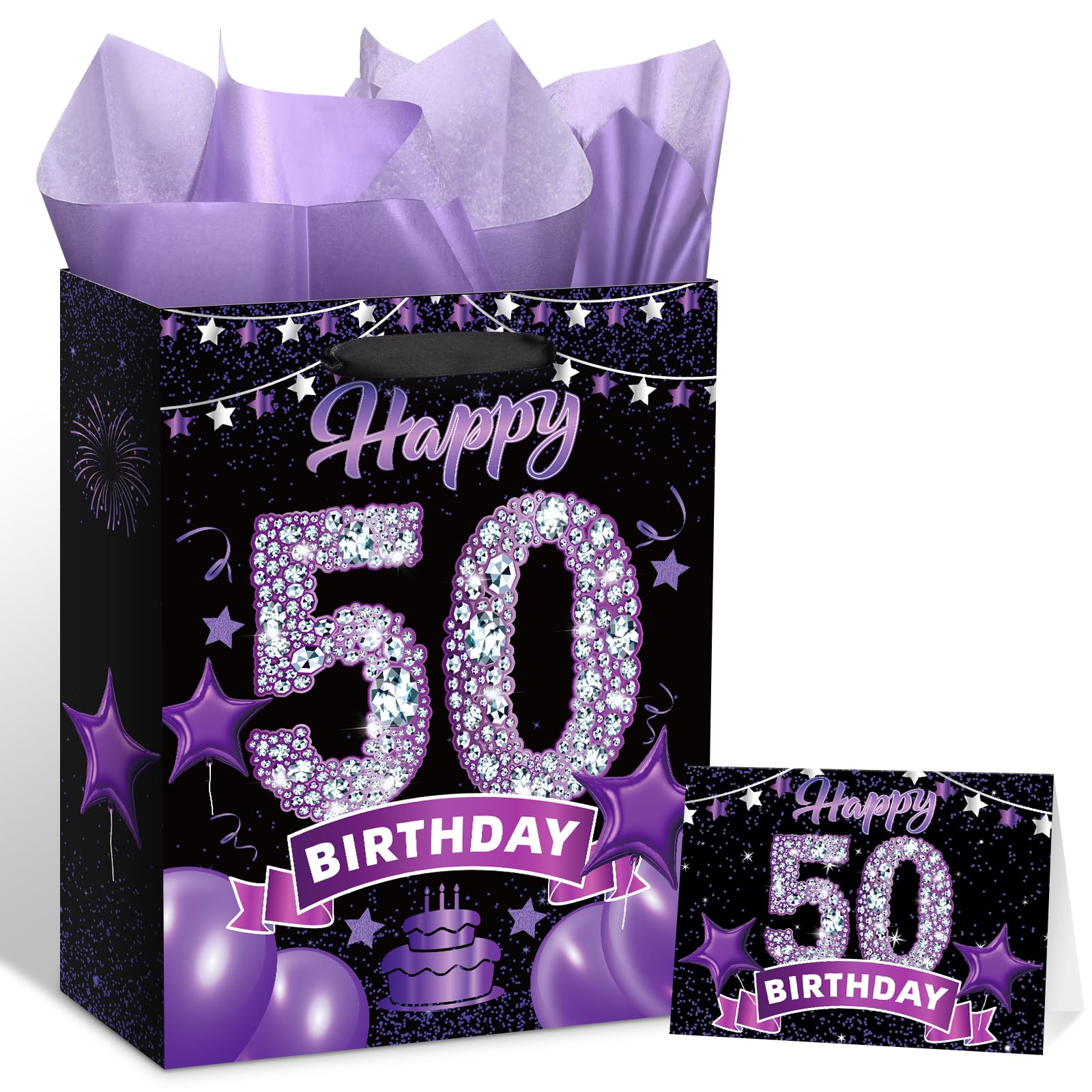 Black Purple 50th Birthday Gift Bag with Happy 50th Birthday Greeting Card and Tissue Paper for Women Black Purple 50th Birthday Gift Wrap Bag with Handles for 50th Birthday Party Decorations Supplies