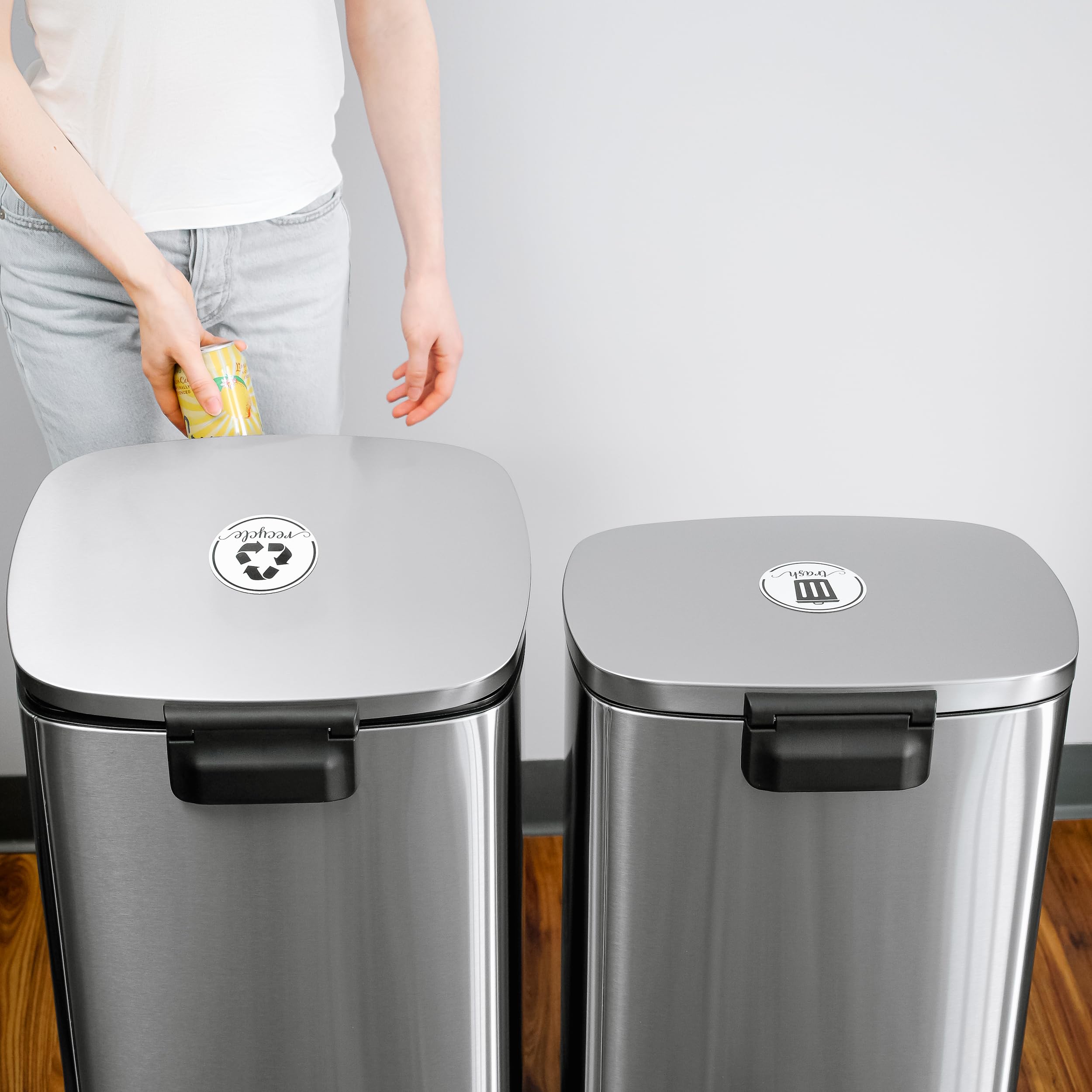 Elegant Recycling Stickers for Trash Can, 3.5" Trash and Recycle Stickers, Laminated Recycle Stickers for Trash Bins, Recycle Sticker for Kitchen Trash Cans Recycling Bin Combo, Rustic White Decals