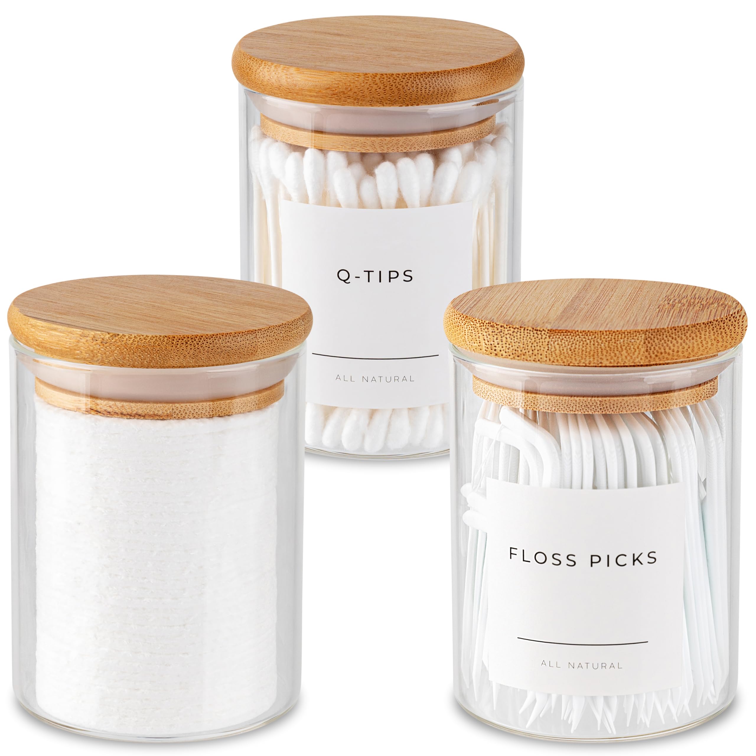 Mini Glass Apothecary Jars, Bathroom Container Set, Bathroom Organizers and Storage, Bathroom Decor, with Bamboo Lids, Small Kitchen Containers, For Cotton Balls, Pads and Swabs, 10 oz, Set of 3