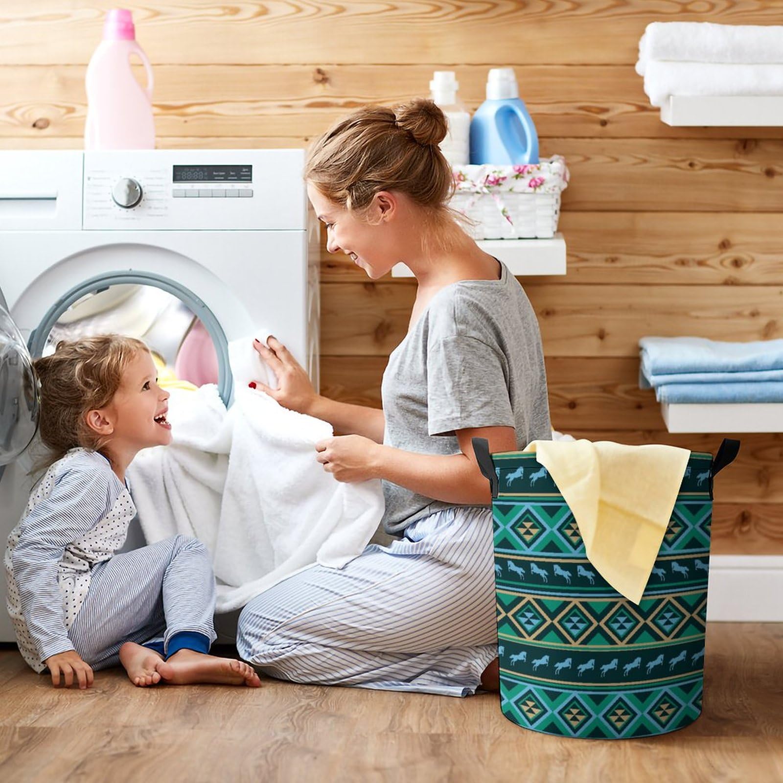 Large Laundry Basket, Teal Green Native American Tribal Ethnic Western Horse Collapsible Drawstring Laundry Hamper, Waterproof Storage Baskets with Handles for Household Bedroom, Bathroom, Dorm