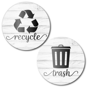 farmhouse recycling stickers for trash can, 3.5" trash and recycle stickers, laminated recycle stickers for trash bins, recycle sticker for kitchen trash cans recycling bin combo, rustic white wood