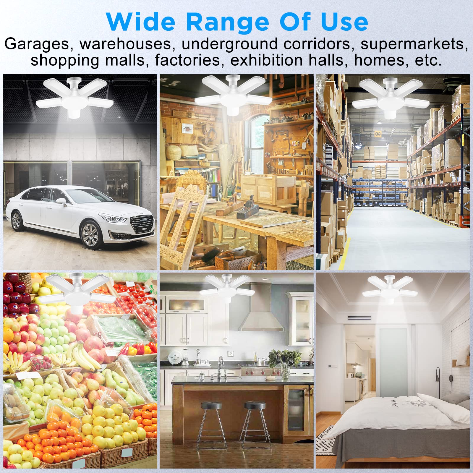 Kofarrten LED Garage Lights, 80W LED Garage Ceiling Lights with 5 Deformable Panels, 8000LM LED Shop Lights for Garage E26/E27 LED Light Bulbs for Garage, Workshop, Warehouse (2 Packs)