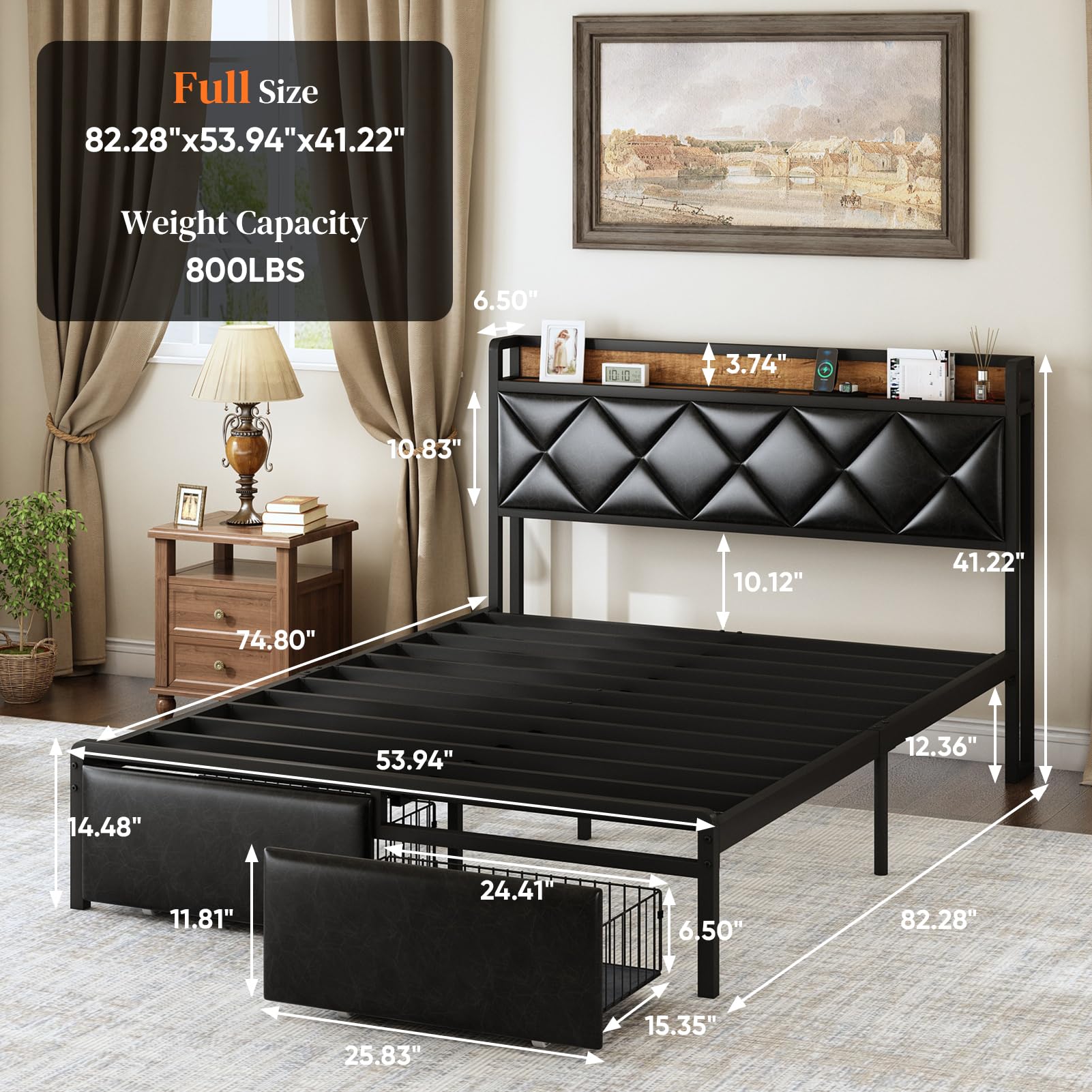 WELTOKE Full Size Bed Frame with Storage Headboard and Drawers, Black Upholstered Leather Bed with 2 Socket Charging Station, No Box Spring Needed