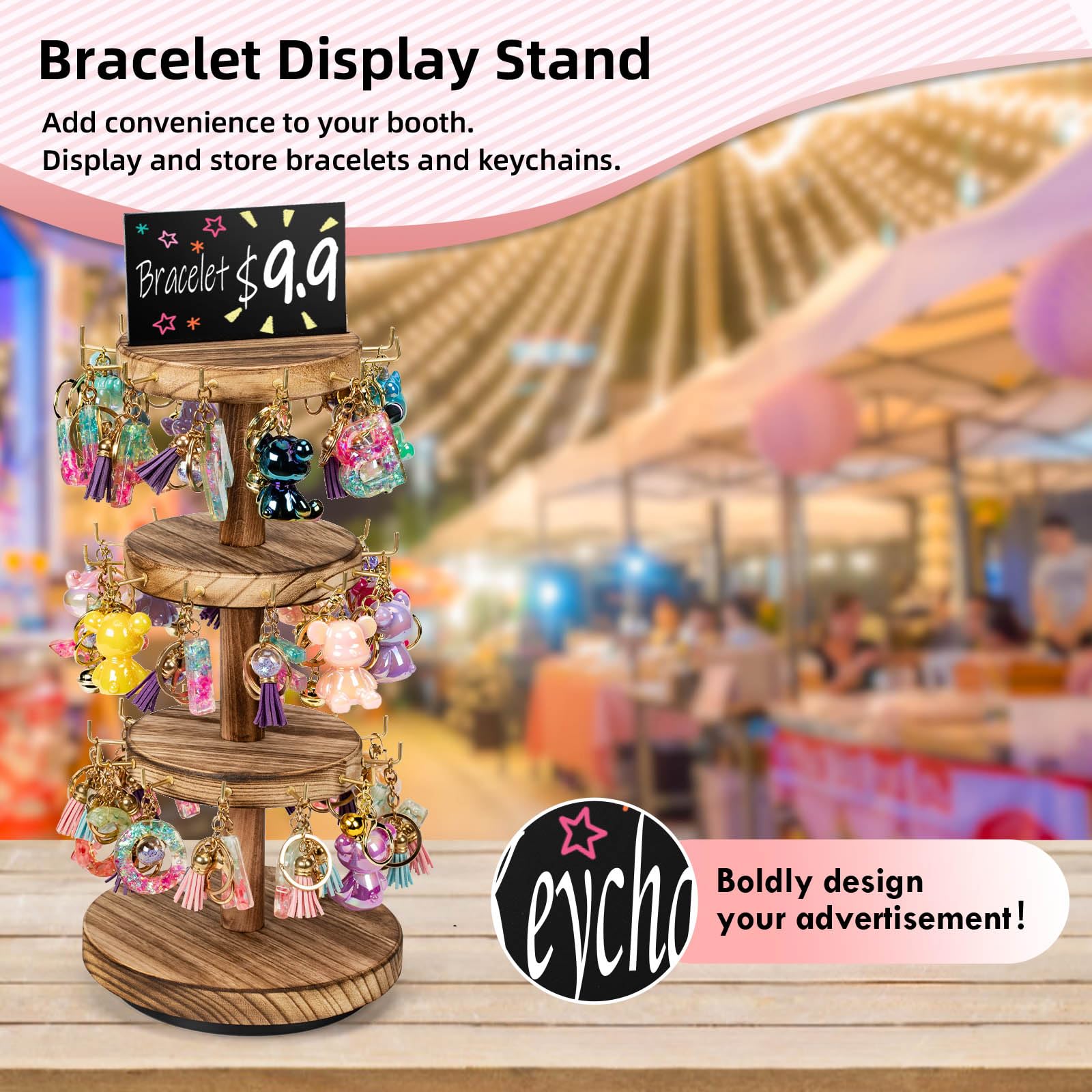 Pinzoveco Bracelet Holder, 3 Tier Wooden Rotating Bracelet Display Stand, Tree Stand Vendor Booth Display with Adversitsing Board, 36 Hooks for Bracelet, KeyChain Display Stands for Selling, Brown (Patent Pending)