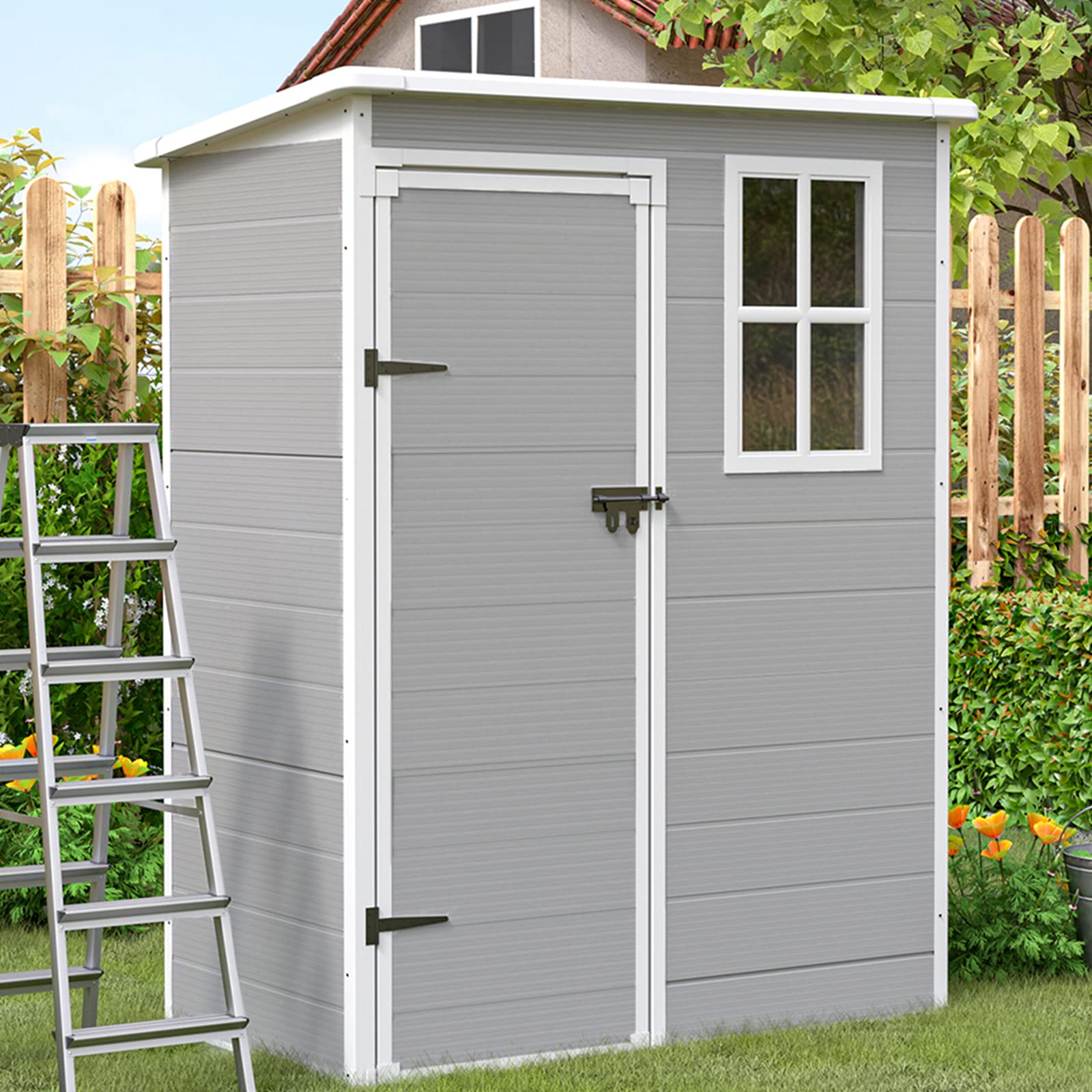 UDPATIO Outdoor Storage Shed 5x3 FT, Resin Garden Shed for Bike, Garbage Can, Tool, Plastic Outside Sheds & Outdoor Storage Storage Box with Lockable Door for Backyard, Patio, Lawn, Grey & White