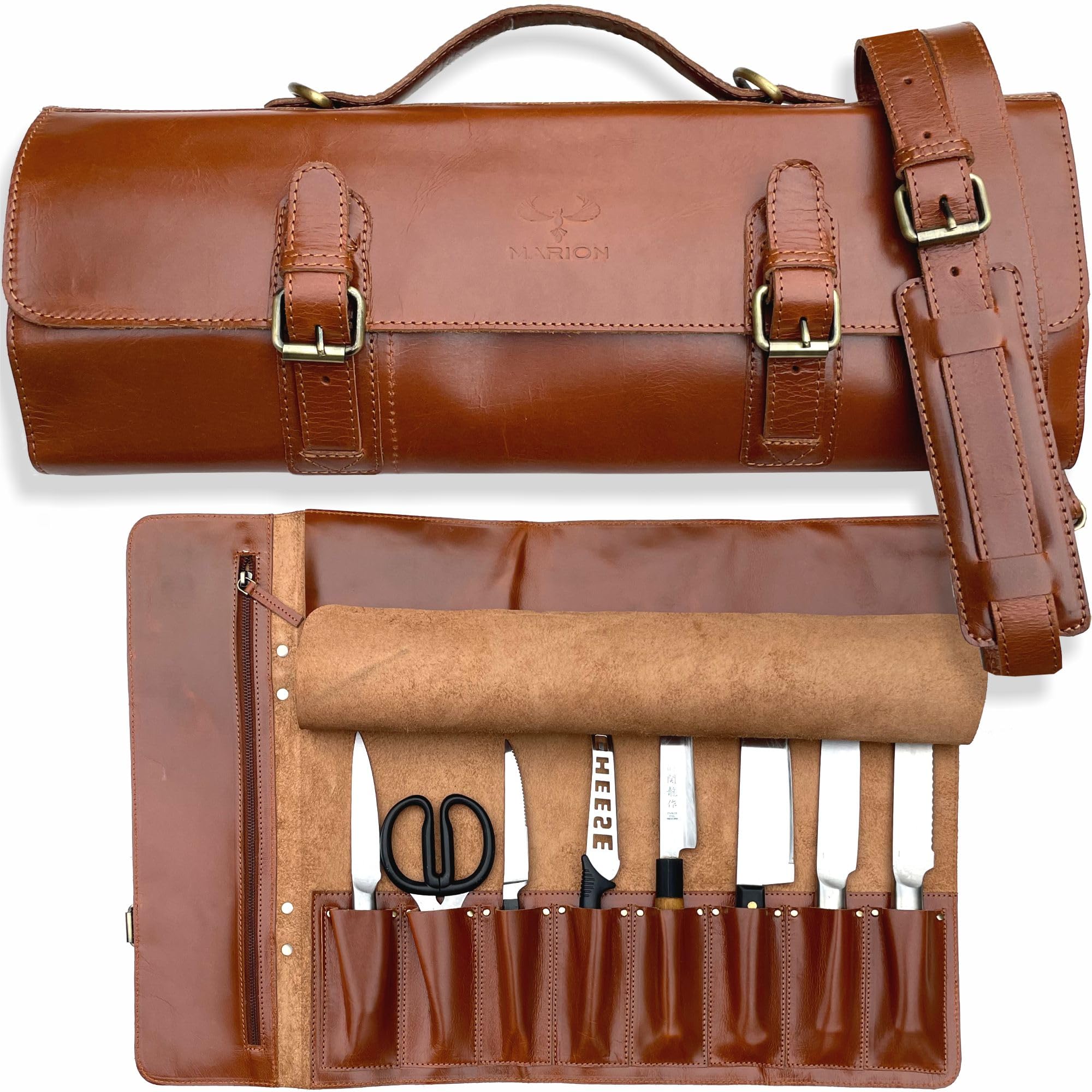 MARION LE KANGOU Made of Genuine Calf Top Grain Leather - Handcrafted Professional Chef Knife Storage Roll Bag - 8 Pockets - Detachable Shoulder Strap - Zippered Interior Pocket