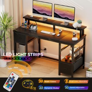 GreenForest Computer Desk 50 Inch with Monitor Stand and LED Lights, Gaming Desk with 2 Fabric Drawers and Power Outlets, Office Desk with Shelves, Black