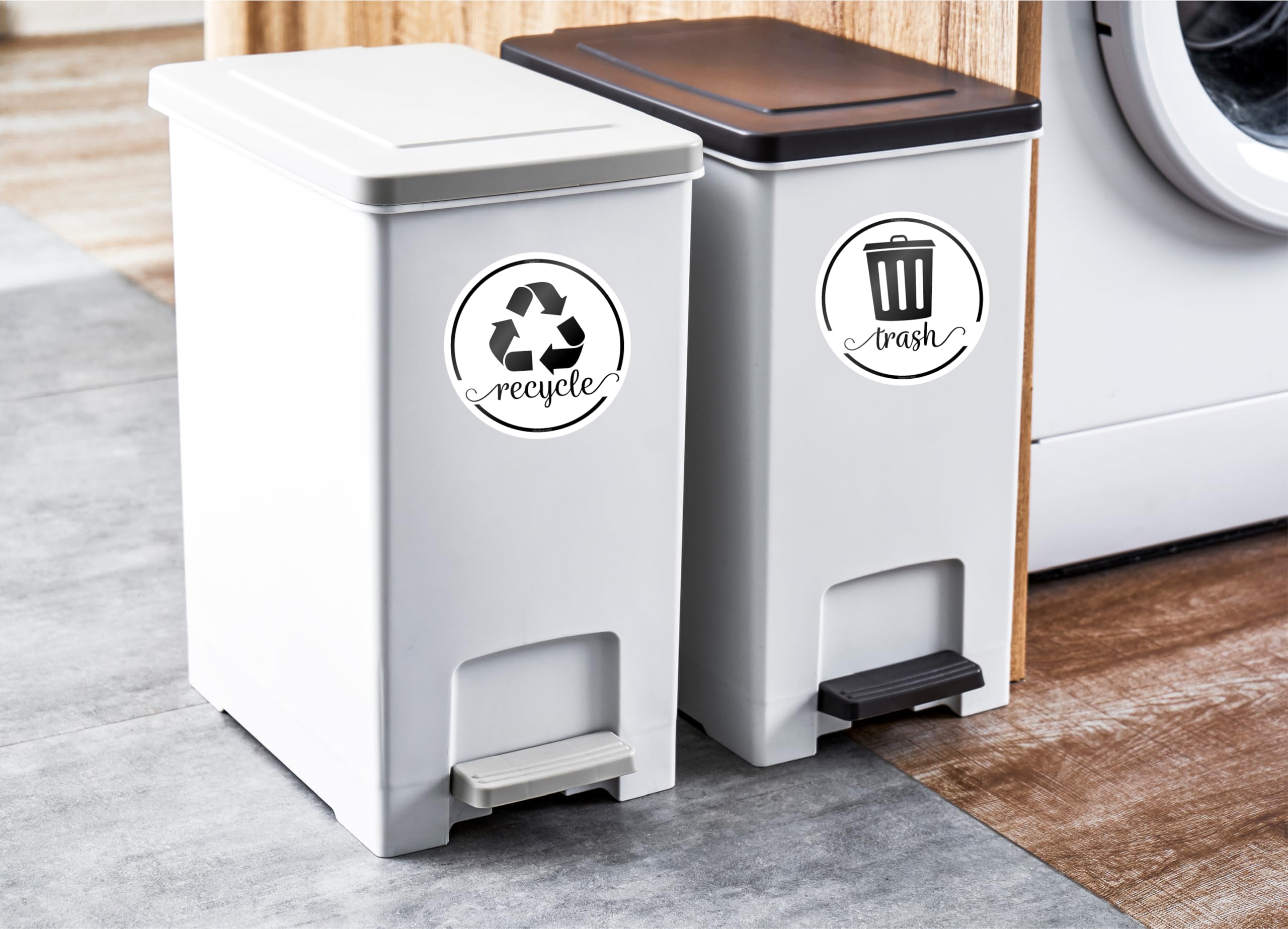 Elegant Recycling Stickers for Trash Can, 3.5" Trash and Recycle Stickers, Laminated Recycle Stickers for Trash Bins, Recycle Sticker for Kitchen Trash Cans Recycling Bin Combo, Rustic White Decals