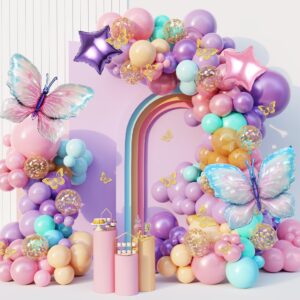 163Pcs Butterfly Pink and Purple Balloons Garland Arch Kit, Birthday Baby Shower Decorations Pink Purple Blue Confetti Star Balloons for Girls Women Bridal Wedding Butterfly Party Baby Shower Supplies