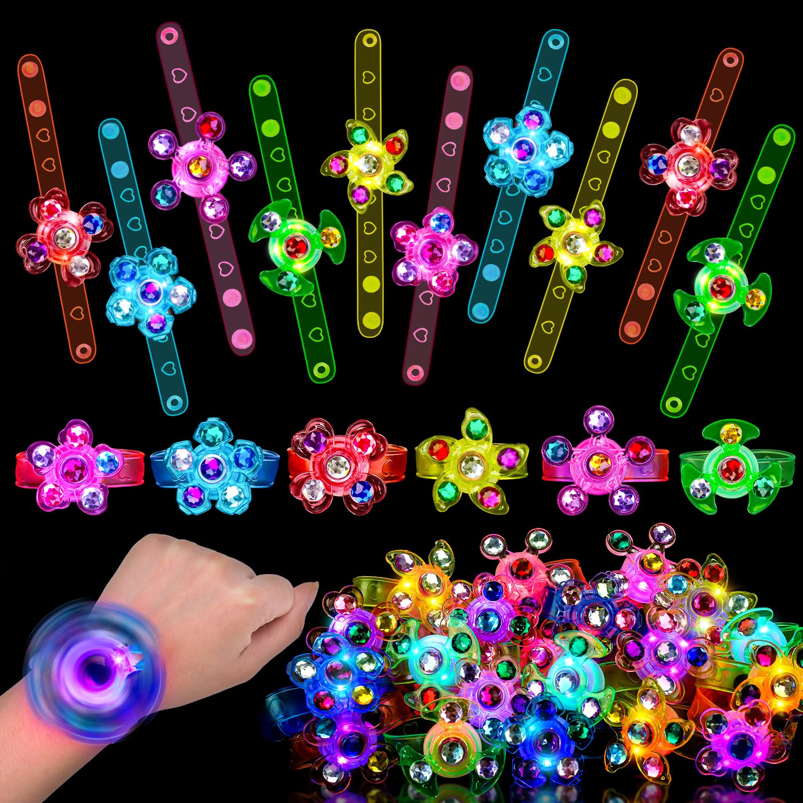 24PCS LED Light Up Fidget Spinner Bracelets Party Favors Bulk for Kids 4-8 8-12 Glow in The Dark Goodie Treat Bag Stuffers Treasure Box Toys Carnival Prizes Birthday Return Gifts for Boys Girls