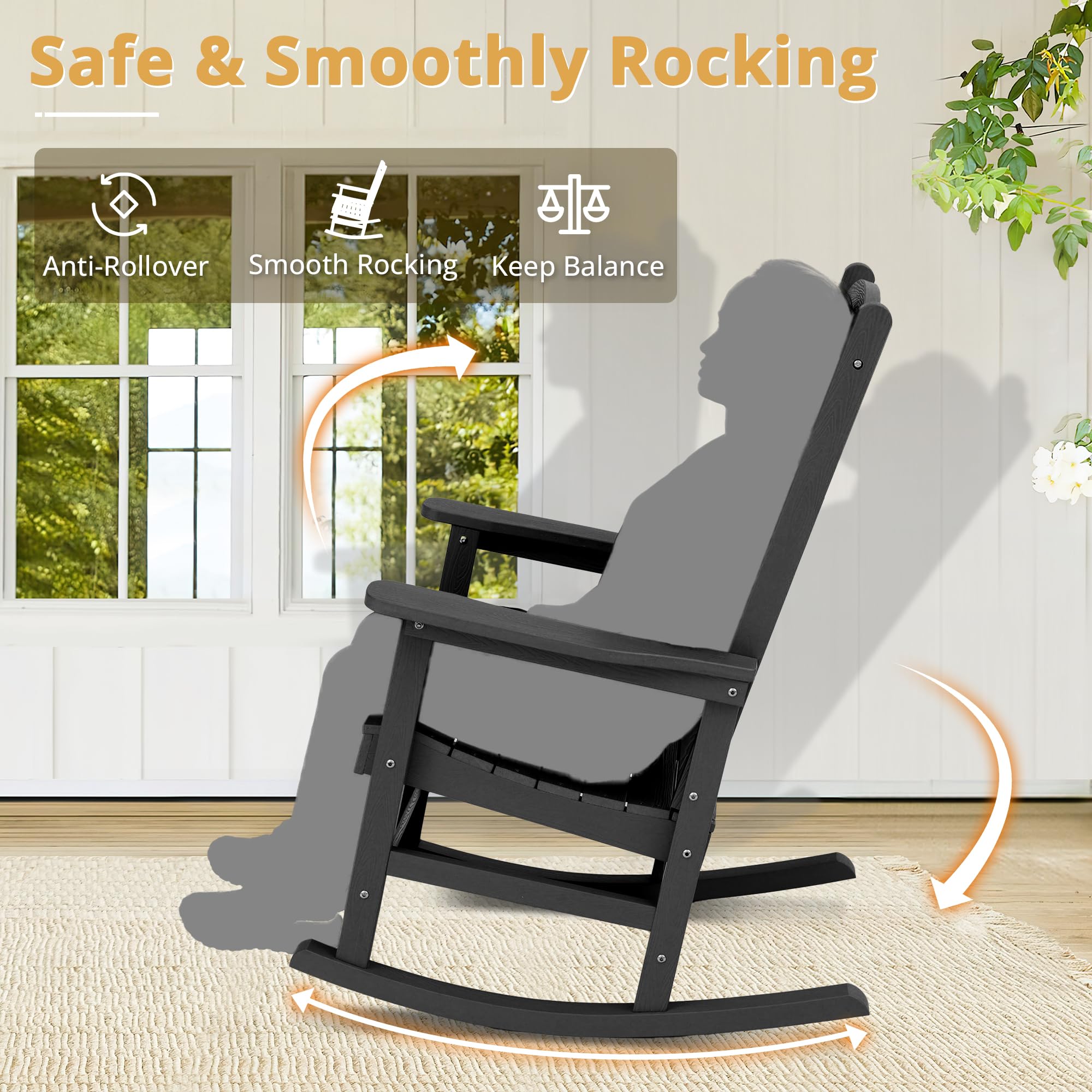 LUE BONA Outdoor Rocking Chairs Set of 3, 2 Chairs & 1 Table HDPS Poly Rocking Chair, All Weather Resistant, Heavy Duty Rocking Chair for Patio, Lawn, Garden, 300LBS, Black