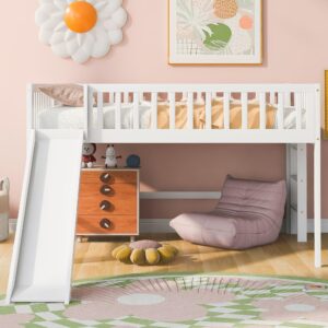 Full Size Low Loft Bed with Slide Wood Junior Loft Beds Frame with Ladder and Guardrails for Kids Boys Girls, White