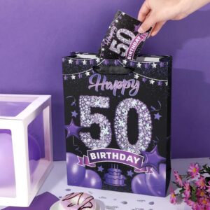 Black Purple 50th Birthday Gift Bag with Happy 50th Birthday Greeting Card and Tissue Paper for Women Black Purple 50th Birthday Gift Wrap Bag with Handles for 50th Birthday Party Decorations Supplies