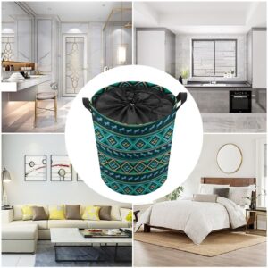 Large Laundry Basket, Teal Green Native American Tribal Ethnic Western Horse Collapsible Drawstring Laundry Hamper, Waterproof Storage Baskets with Handles for Household Bedroom, Bathroom, Dorm