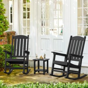 LUE BONA Outdoor Rocking Chairs Set of 3, 2 Chairs & 1 Table HDPS Poly Rocking Chair, All Weather Resistant, Heavy Duty Rocking Chair for Patio, Lawn, Garden, 300LBS, Black