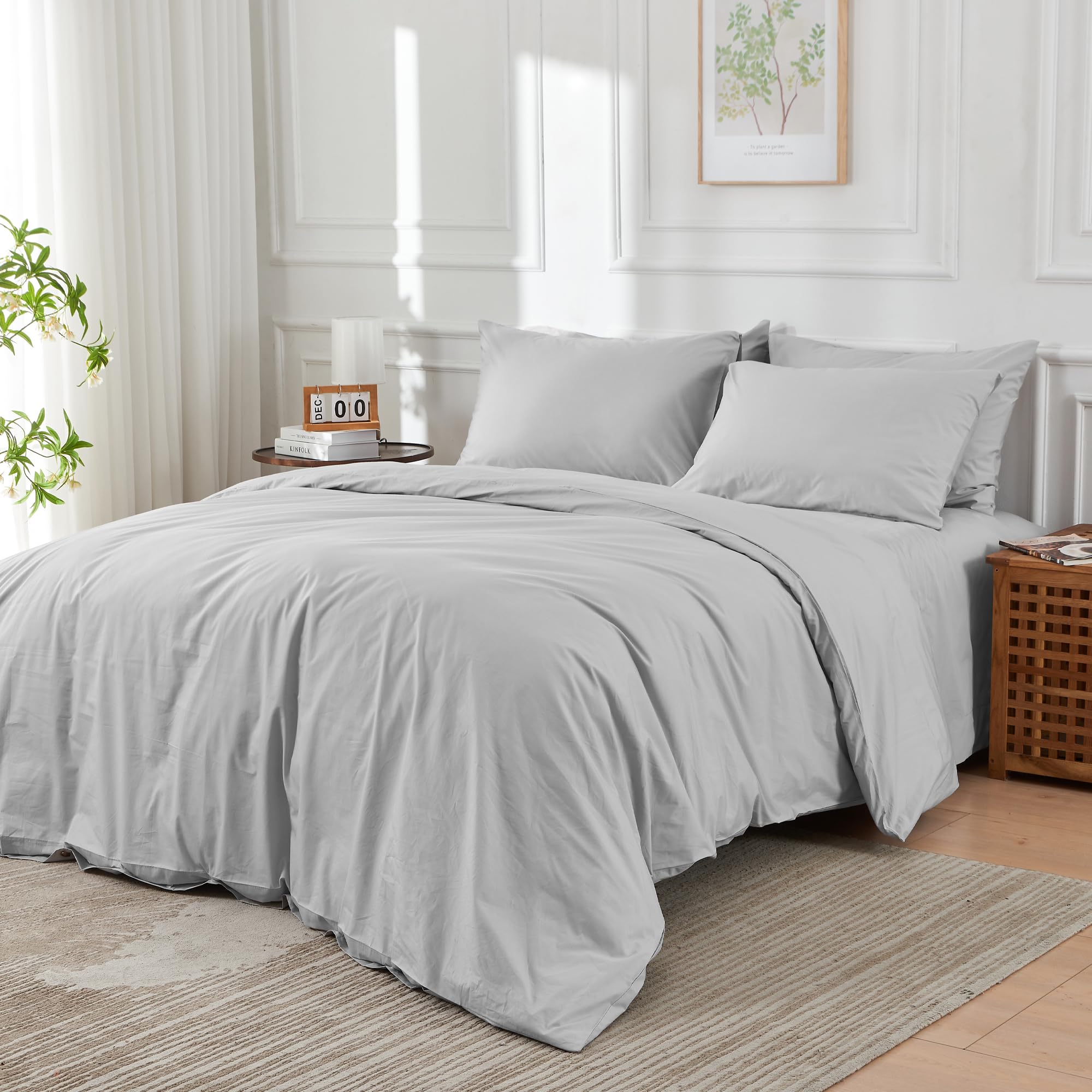 DOZ 100% Long Staple Cotton Duvet Cover Sets, Classic Crisp Percale Weave, Breathable, Matte Finish, Hotel Comfort, 106"x90", 8 Loops, 3pc – 2 Pillowcases 1 Duvet Cover (Dove, King/Cal King)