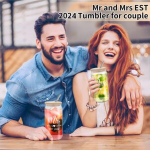 fcaylo Iced Coffee Cups-Mr and Mrs Gifts Wedding Gifts for Couples 2024 Bridal Shower Gifts Glass Tumbler Set With Straw Newlyweds Bride To Be Christmas Gifts for Couples