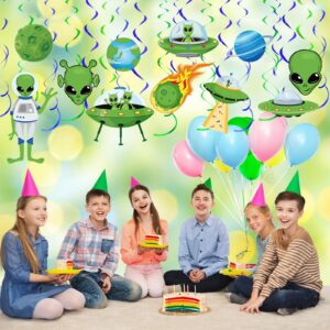 Capoda 54 Pcs Alien Decorations Hanging Swirls No DIY UFO Theme Party Ceiling Decorations Green Alien Outer Space Saucer Man Hanging Swirls Decorations for Boys Girls Birthday Baby Shower Decor