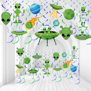 capoda 54 pcs alien decorations hanging swirls no diy ufo theme party ceiling decorations green alien outer space saucer man hanging swirls decorations for boys girls birthday baby shower decor