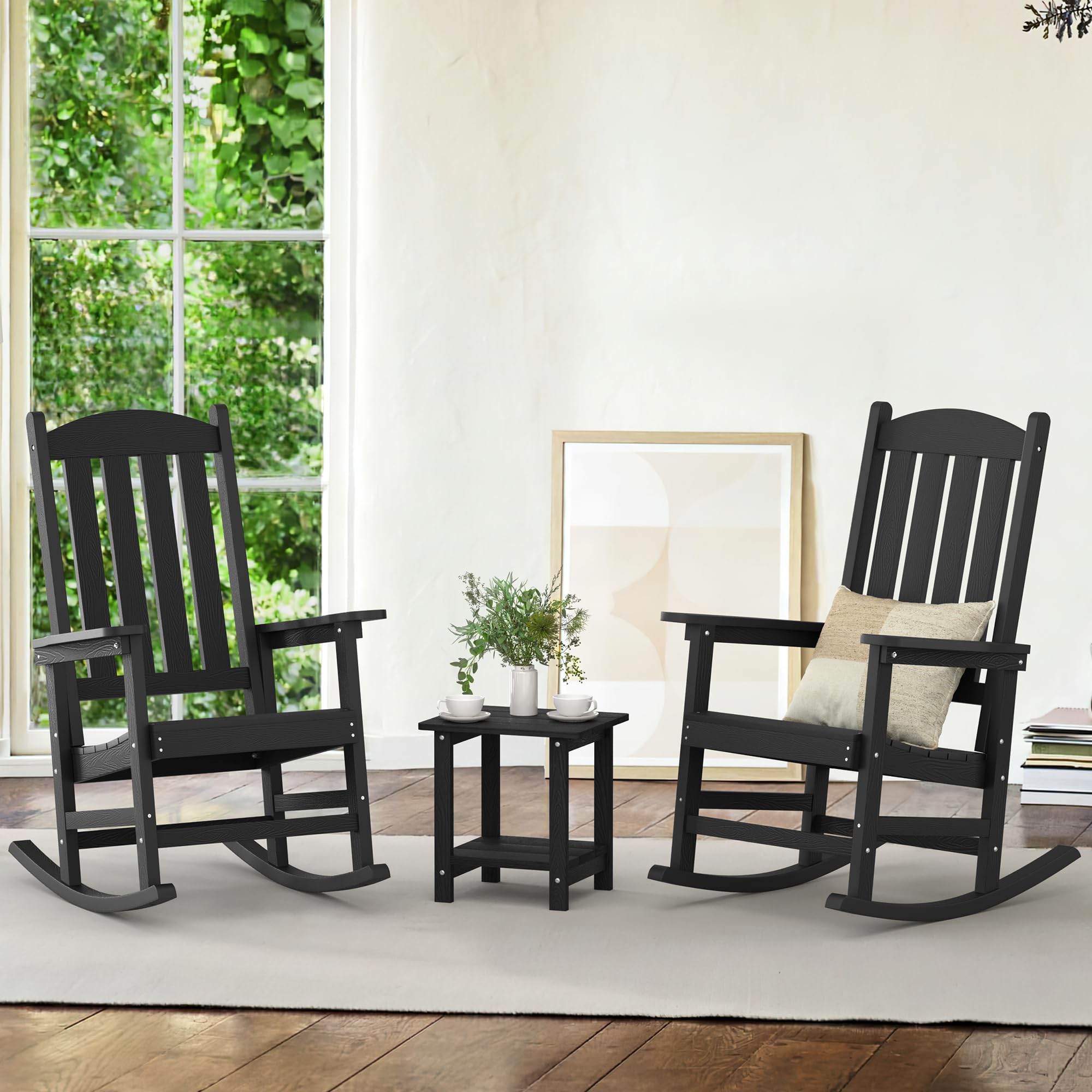 LUE BONA Outdoor Rocking Chairs Set of 3, 2 Chairs & 1 Table HDPS Poly Rocking Chair, All Weather Resistant, Heavy Duty Rocking Chair for Patio, Lawn, Garden, 300LBS, Black