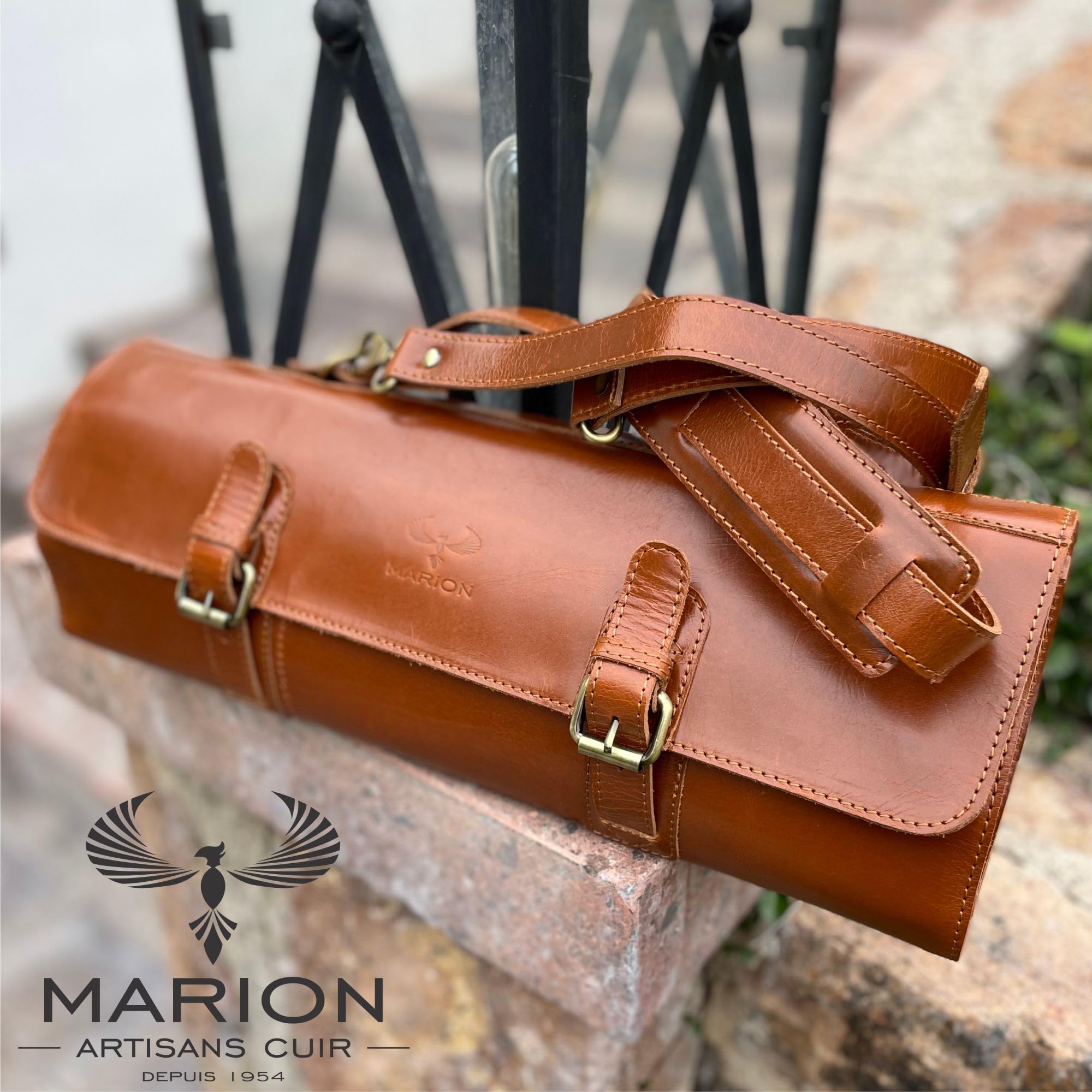 MARION LE KANGOU Made of Genuine Calf Top Grain Leather - Handcrafted Professional Chef Knife Storage Roll Bag - 8 Pockets - Detachable Shoulder Strap - Zippered Interior Pocket