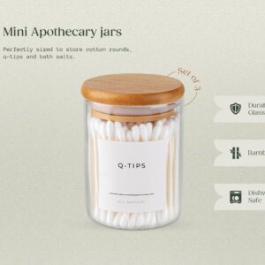 Mini Glass Apothecary Jars, Bathroom Container Set, Bathroom Organizers and Storage, Bathroom Decor, with Bamboo Lids, Small Kitchen Containers, For Cotton Balls, Pads and Swabs, 10 oz, Set of 3