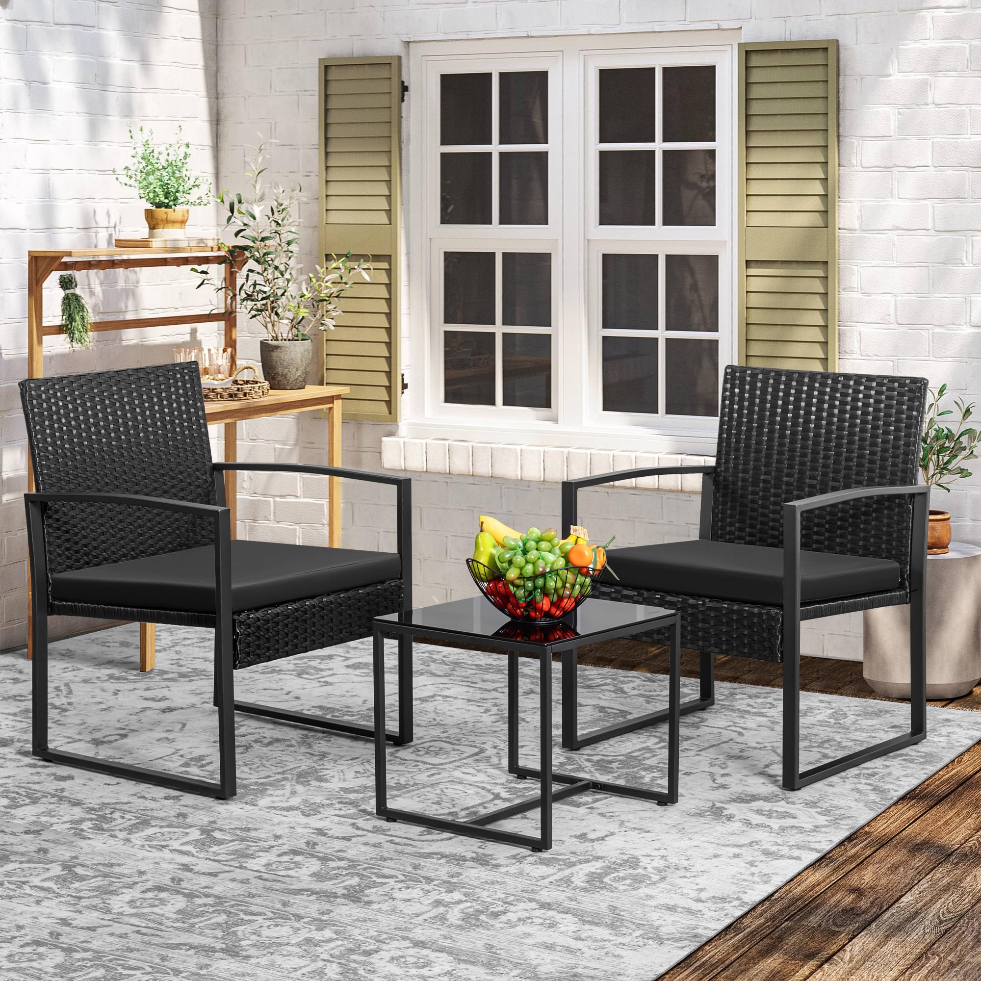 Devoko 3 Piece Patio Outdoor Furniture Set Wicker Table and Chairs Set for Balcony Porch Bistro