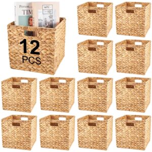 jinei 12 pcs wicker storage basket bulk handwoven water hyacinth storage baskets cube storage bin with handles woven baskets laundry bins for organizer shelves(wood color, 10 x 10 x 10 inch)