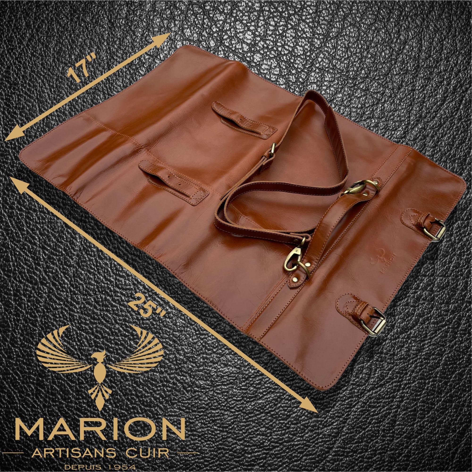 MARION LE KANGOU Made of Genuine Calf Top Grain Leather - Handcrafted Professional Chef Knife Storage Roll Bag - 8 Pockets - Detachable Shoulder Strap - Zippered Interior Pocket