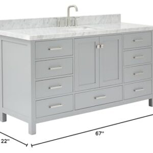 ARIEL Single Bath Vanity 67" Inch Grey, 1.5" Edge Carrara Marble Countertop & Splash, Rectangular Sink, 2 Soft Closing Doors, 9 Full Extension Dovetail Drawers, Brushed Nickel