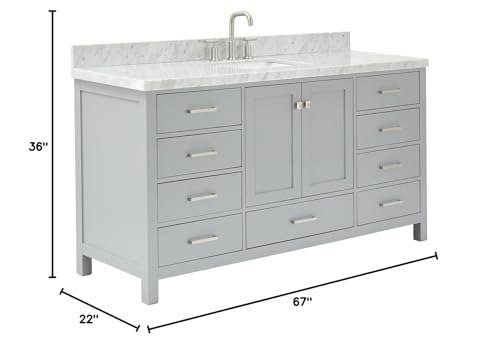 ARIEL Single Bath Vanity 67" Inch Grey, 1.5" Edge Carrara Marble Countertop & Splash, Rectangular Sink, 2 Soft Closing Doors, 9 Full Extension Dovetail Drawers, Brushed Nickel