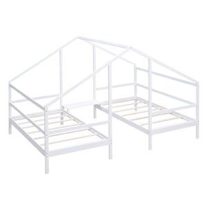 BOVZA Double Twin Size Triangular House Beds for Kids, Wood Bed Frame with Built-in Table, 2 Twin Platform Beds for Kids Teens, White