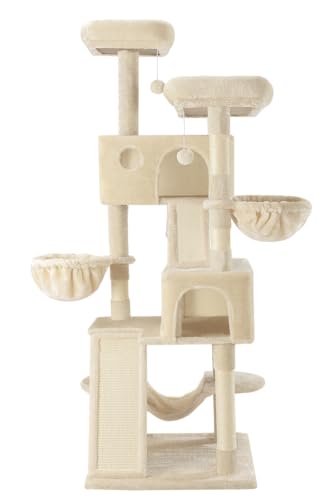 SHA CERLIN 65in Larger Cat Tree Tower Condo for Indoor Cats, Multi-Level Furniture Activity Center with Wide Base/Cozy Plush Cat Perches/Baskets/Sisal Scratching Posts and Hammock/Beige