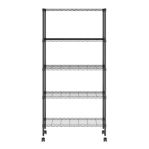 Furinno Wayar 5-Tier Metal Storage Shelf Rack Cart with Casters, 30 x 14 x 58, Black