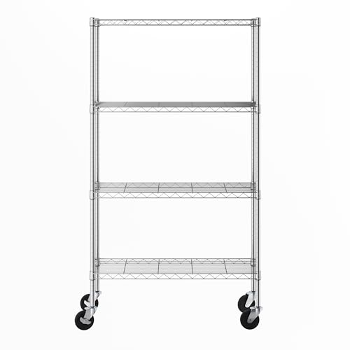 Furinno Wayar 4-Tier Metal Storage Shelf Rack Cart with Casters, 36 x 14 x 58, Stainless Steel