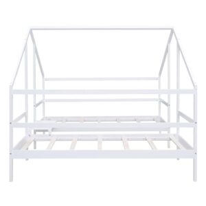 BOVZA Double Twin Size Triangular House Beds for Kids, Wood Bed Frame with Built-in Table, 2 Twin Platform Beds for Kids Teens, White