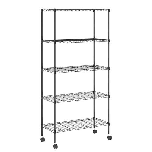 Furinno Wayar 5-Tier Metal Storage Shelf Rack Cart with Casters, 30 x 14 x 58, Black